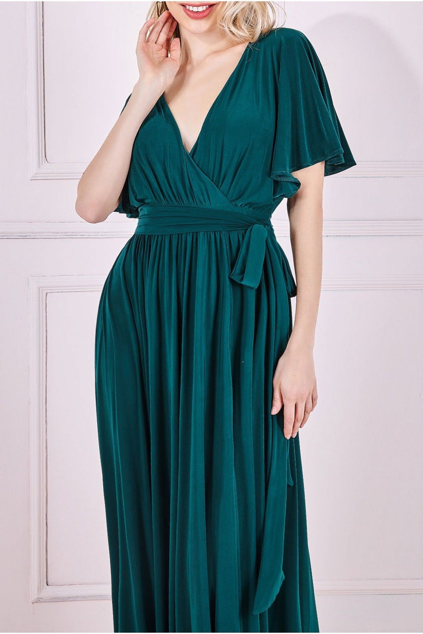 Wrap Front Maxi With Flutter Sleeves - Emerald Green DR2565B