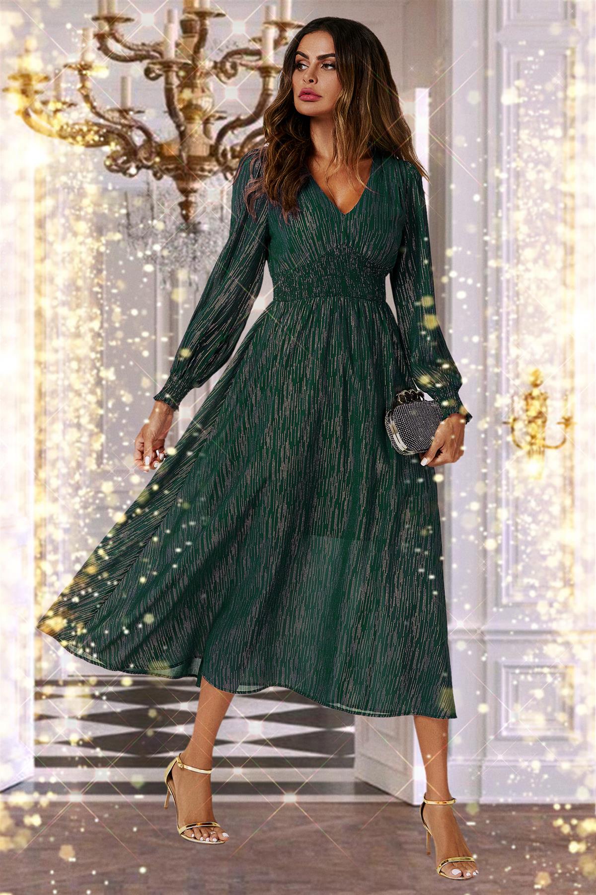 Gold Stripe Foil Long Sleeve Maxi Dress In Green FS629