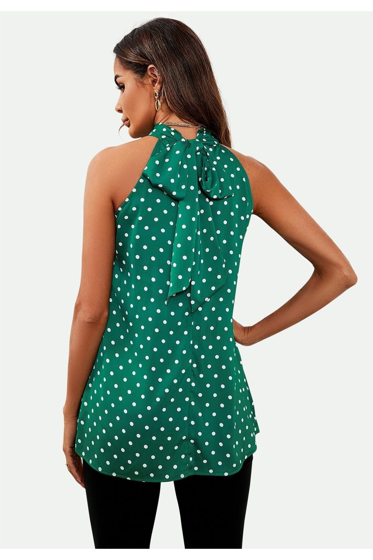 Polka Dot Print Halter Neck Tie Back Top In Green FS557-GD