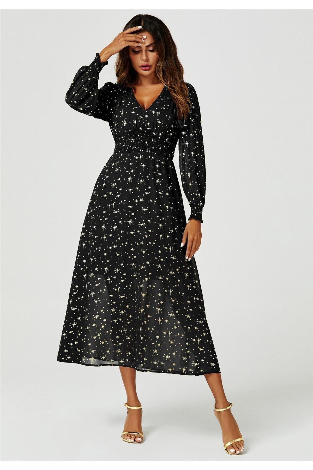 Gold Star Foil Long Sleeve Maxi Dress In Black FS629-BlackStar