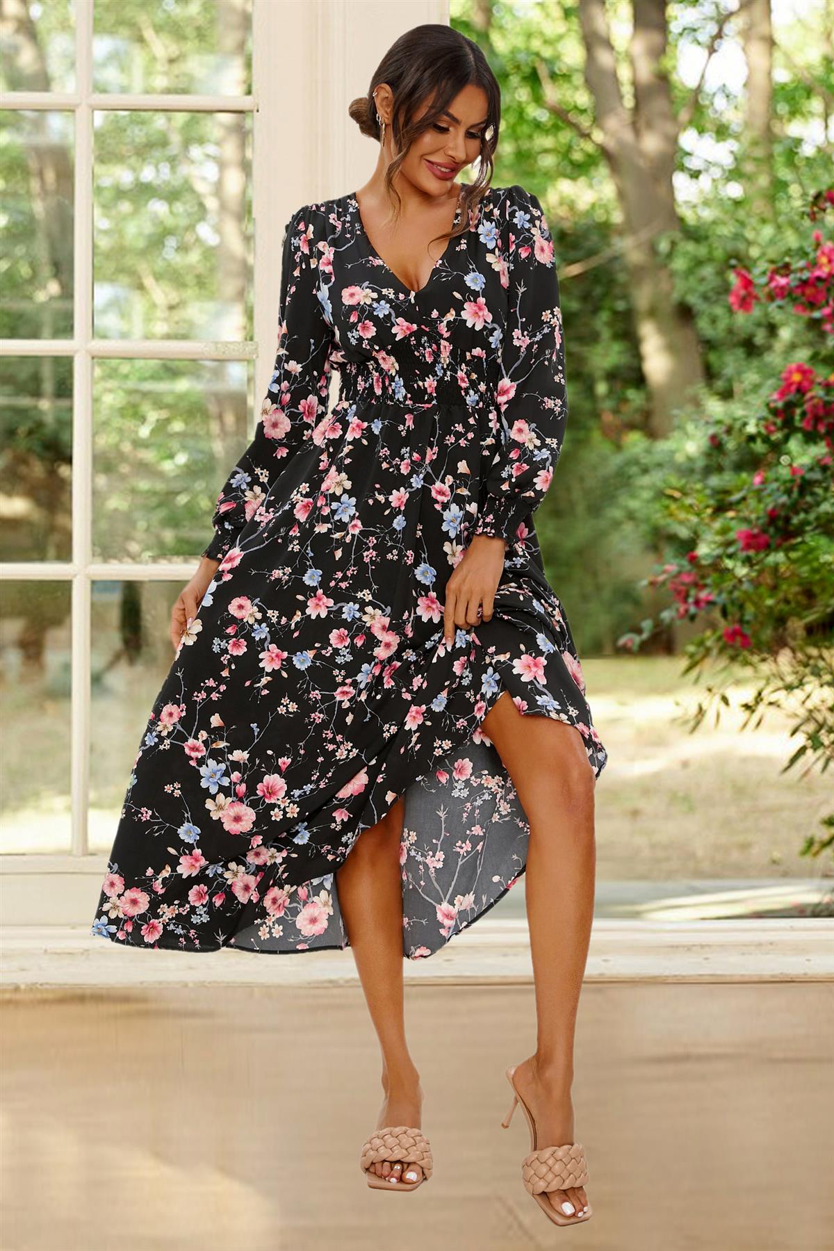 Floral Print Long Sleeve Midi Dress In Black FS629-BlackF