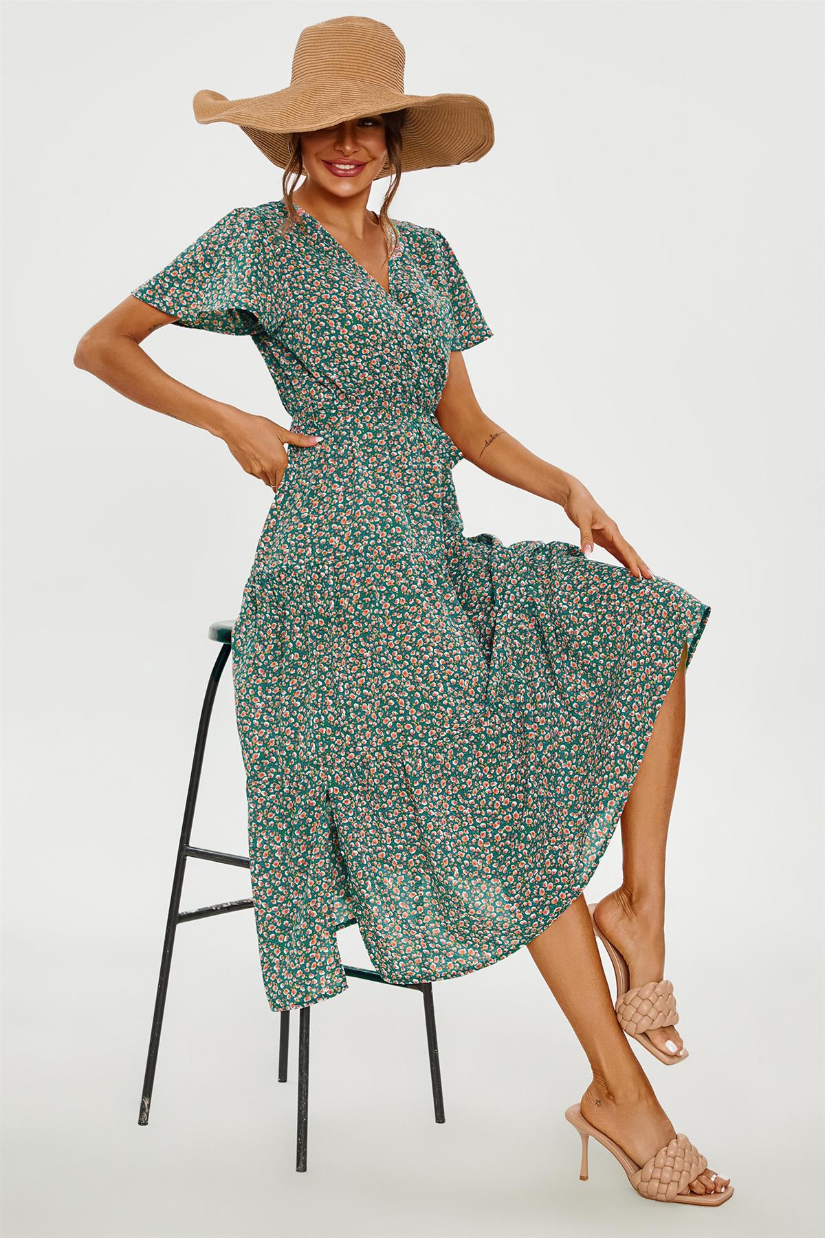 Orange Floral Print Hem Tiered Wrap Midi Dress In Green FS231-GO