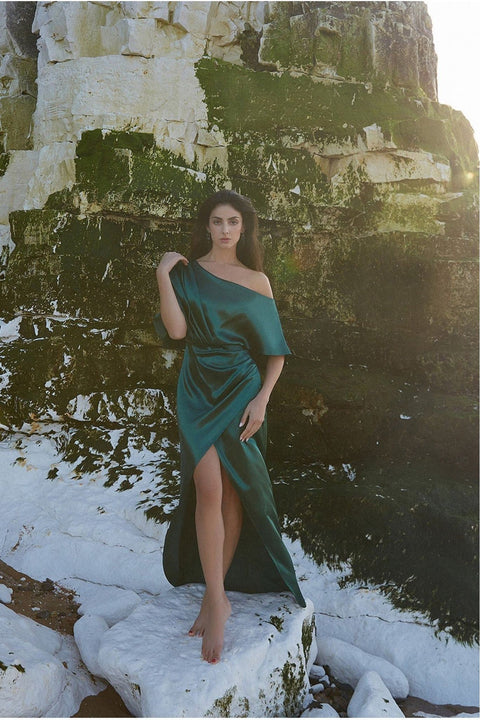 Satin Drape Shoulder Wrap Maxi Dress - Emerald Green by Goddiva