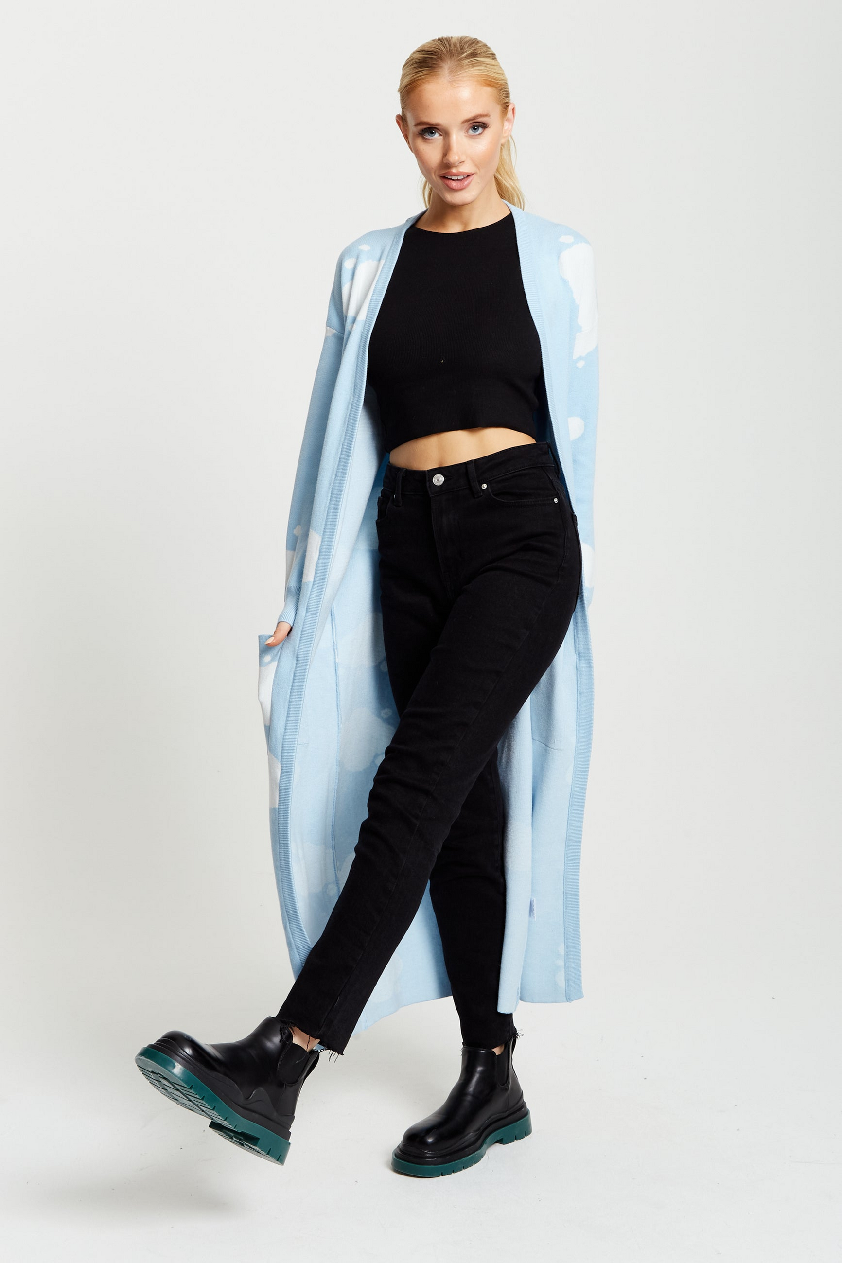 Cloud Pattern Longline Cardigan In Light Blue A2-LIQ21-157