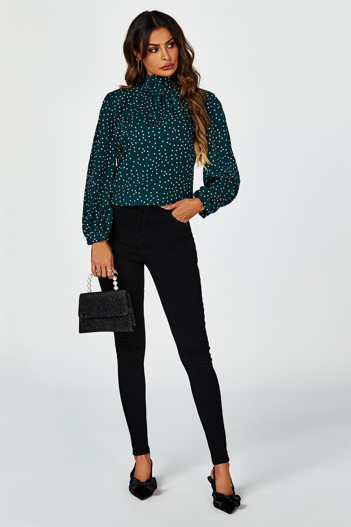 Polka Dot Print Long Sleeve Back Tie Blouse Top In Green FS637-GreenkDot