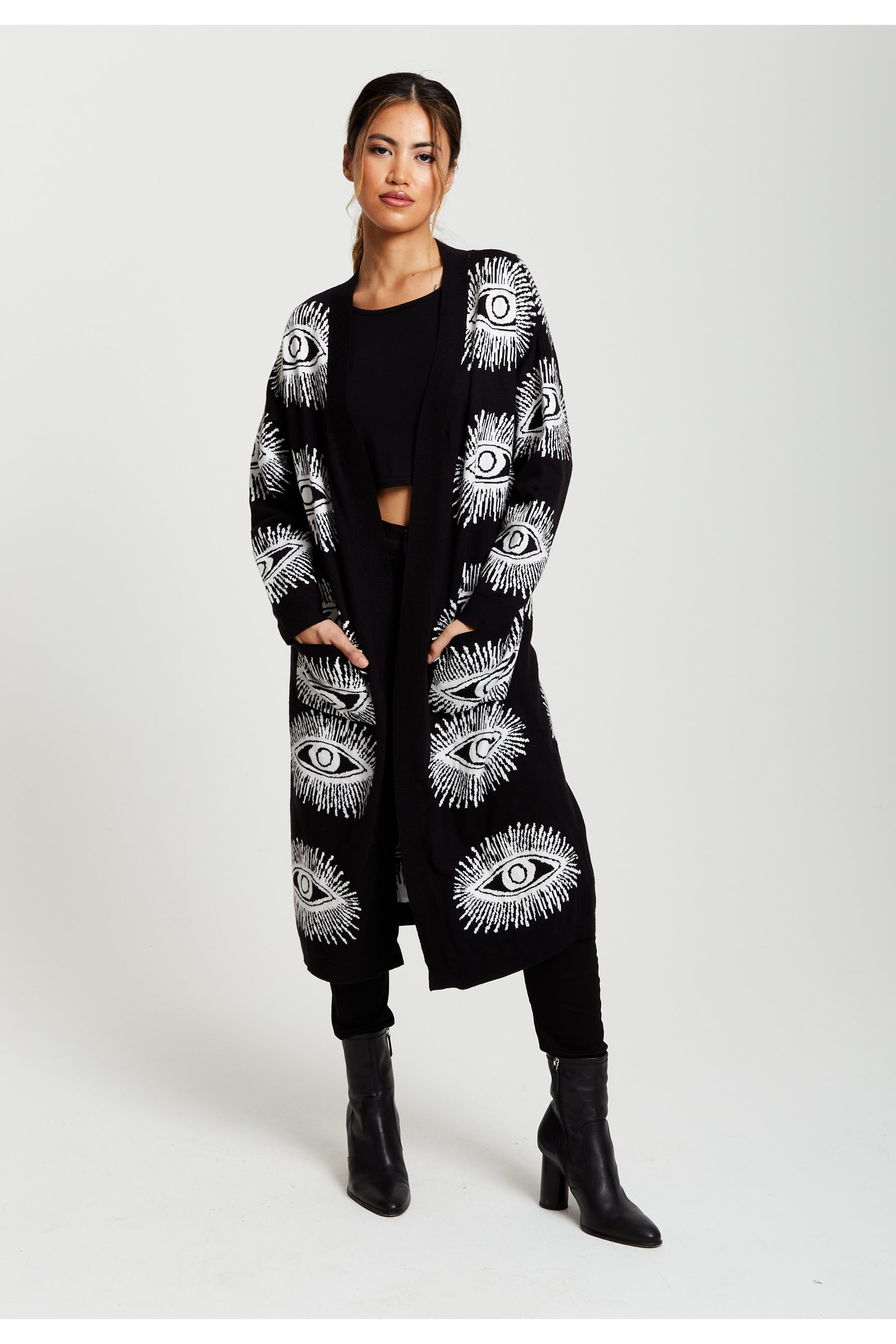 Eye Pattern Longline Cardigan In Black 126-LIQ23KN001