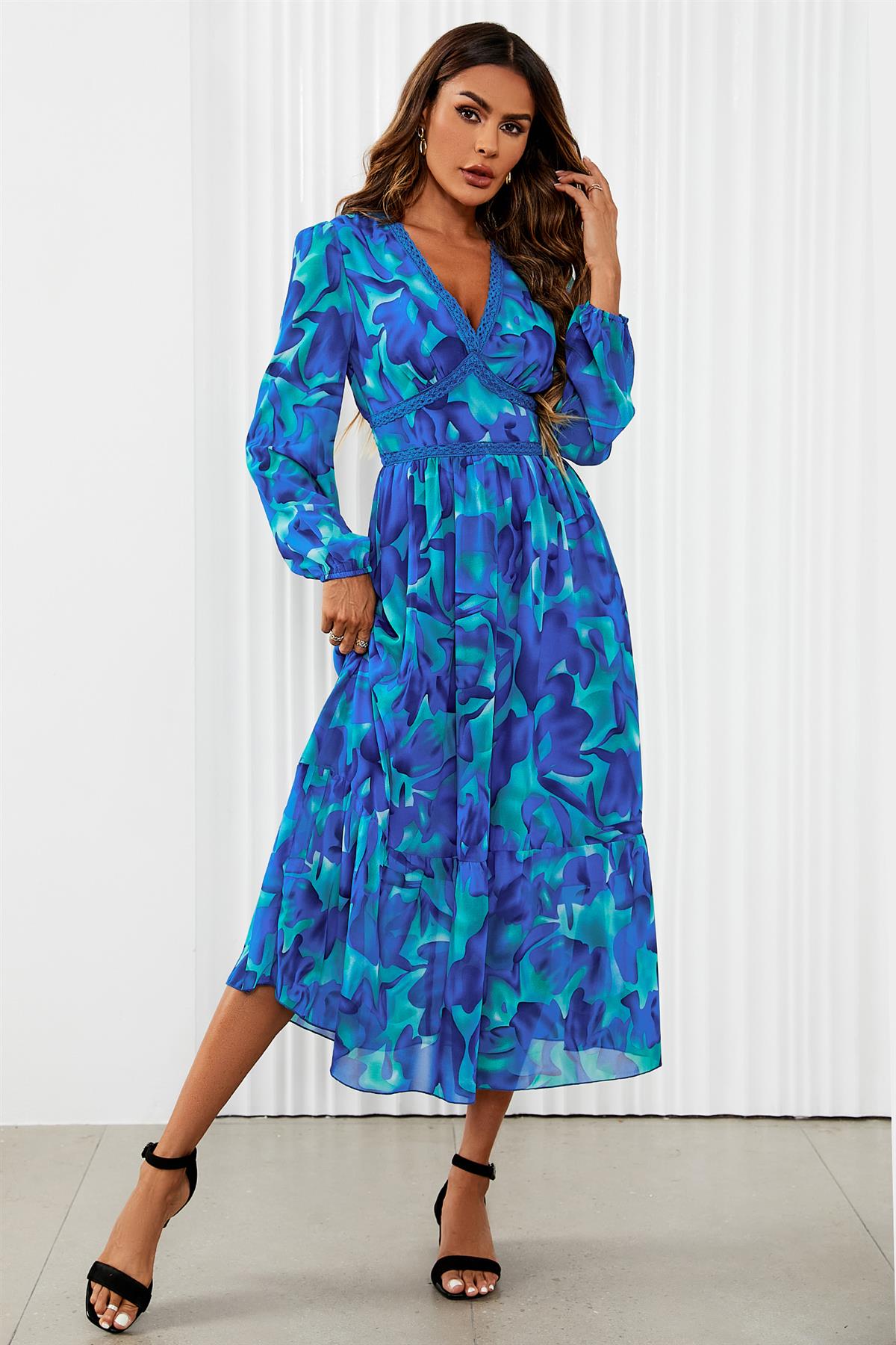 Floral Print Long Sleeve Maxi Dress In Blue FS565