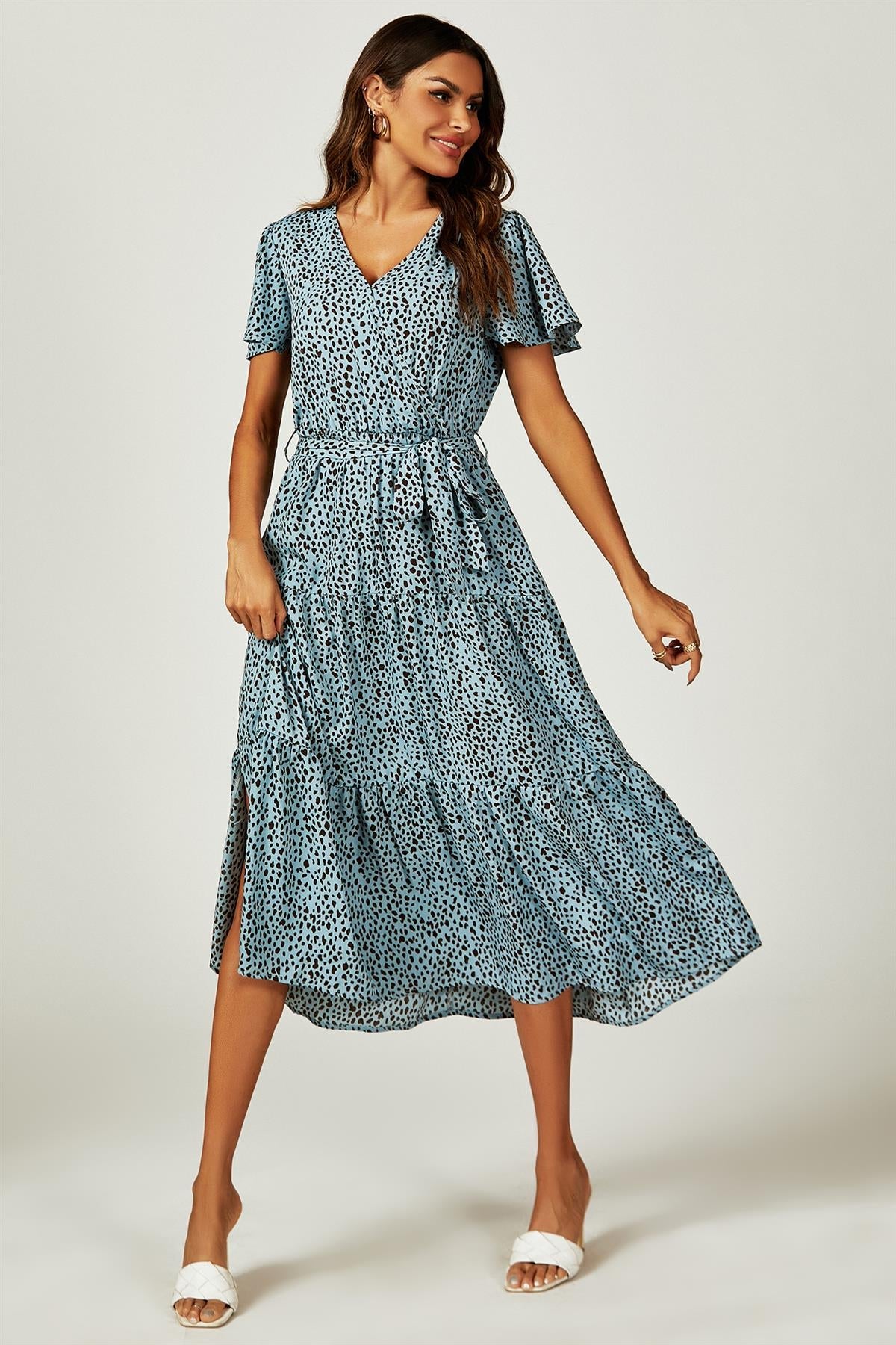 Leopard Print Hem Tiered Wrap Midi Dress In Blue FS231-BlueL