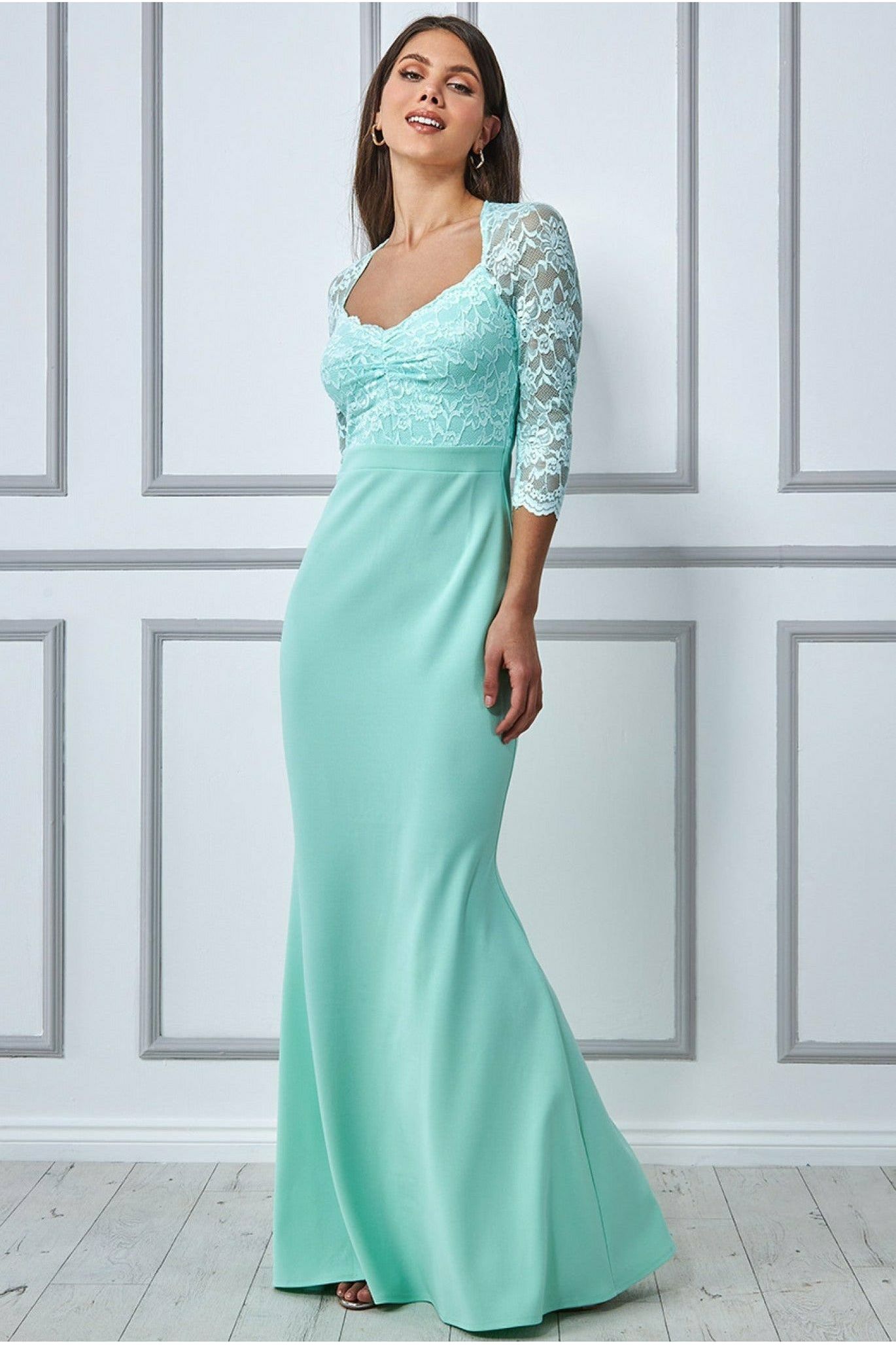 Lace Bodice Maxi Dress With Sleeves - Mint DR1551