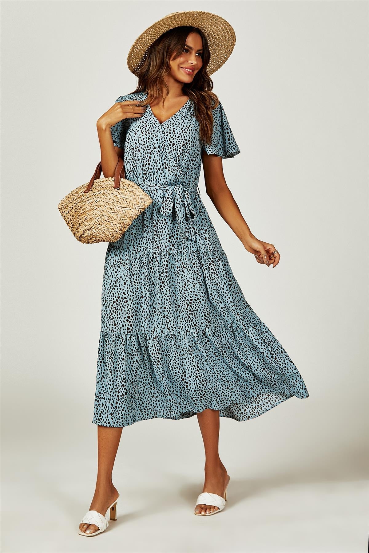 Leopard Print Hem Tiered Wrap Midi Dress In Blue FS231-BlueL
