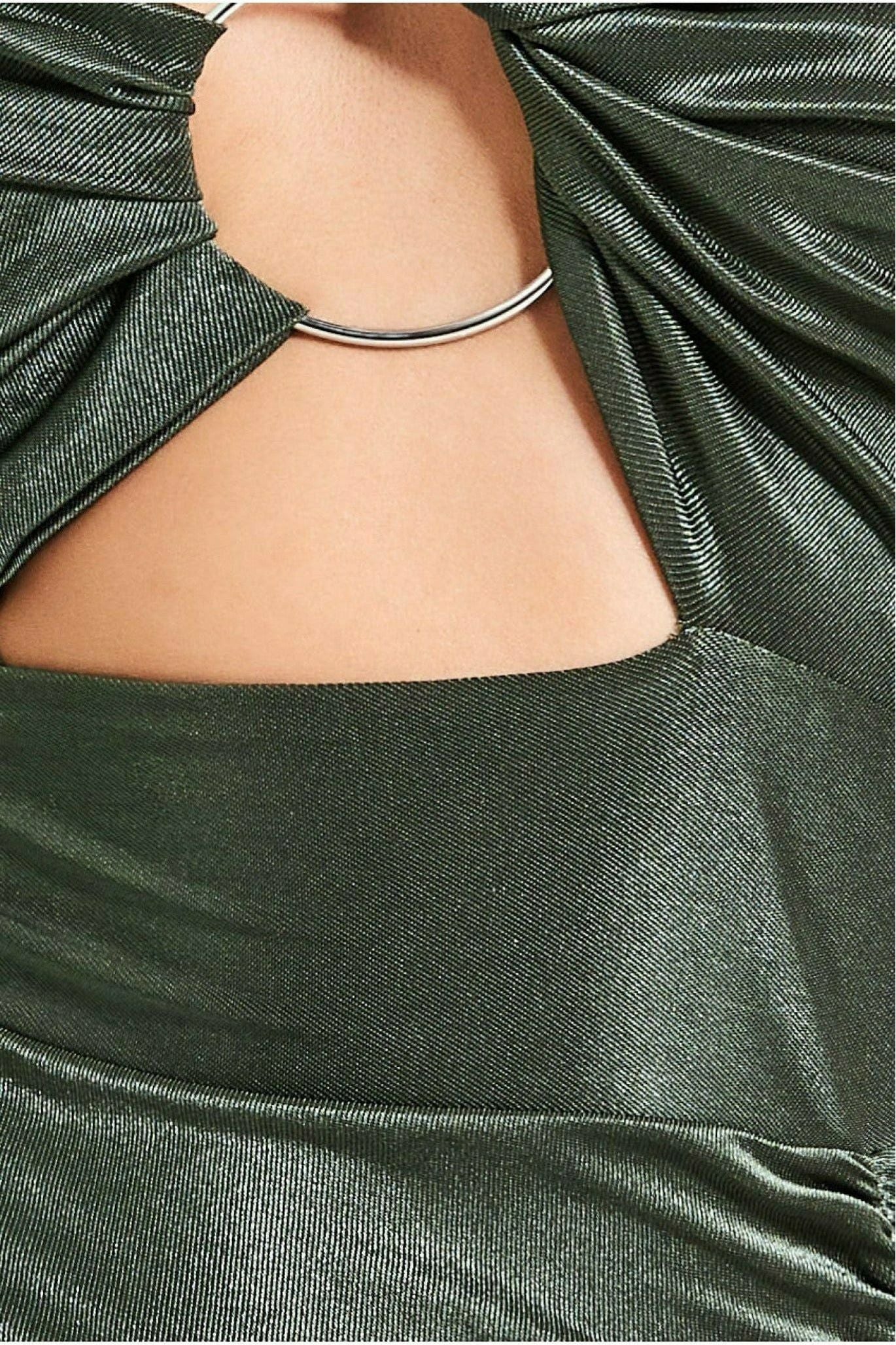 Ruched One Shoulder Maxi With Ring Detail - Khaki DR3547