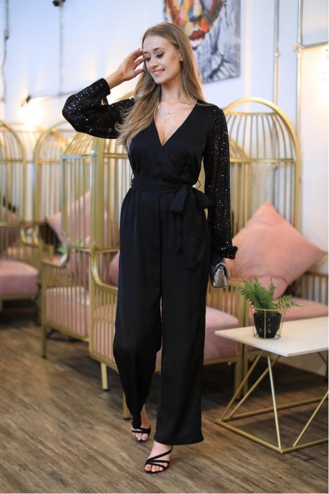 Black Jumpsuit With Sequin Sleeves JU0000399
