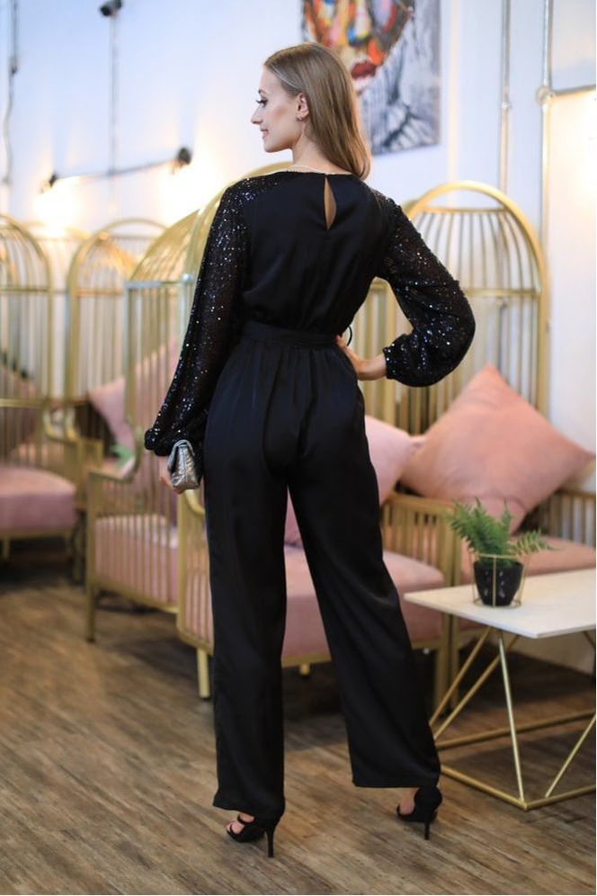 Black Jumpsuit With Sequin Sleeves JU0000399