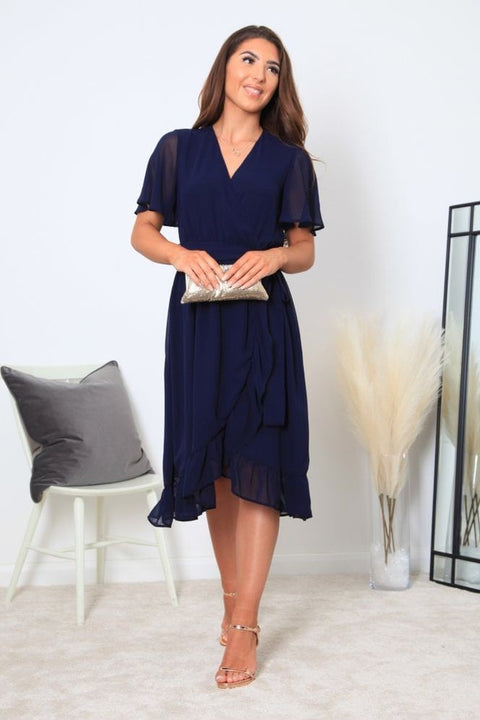 Navy Chiffon Wrap Dress With Tea Sleeve by Double Second