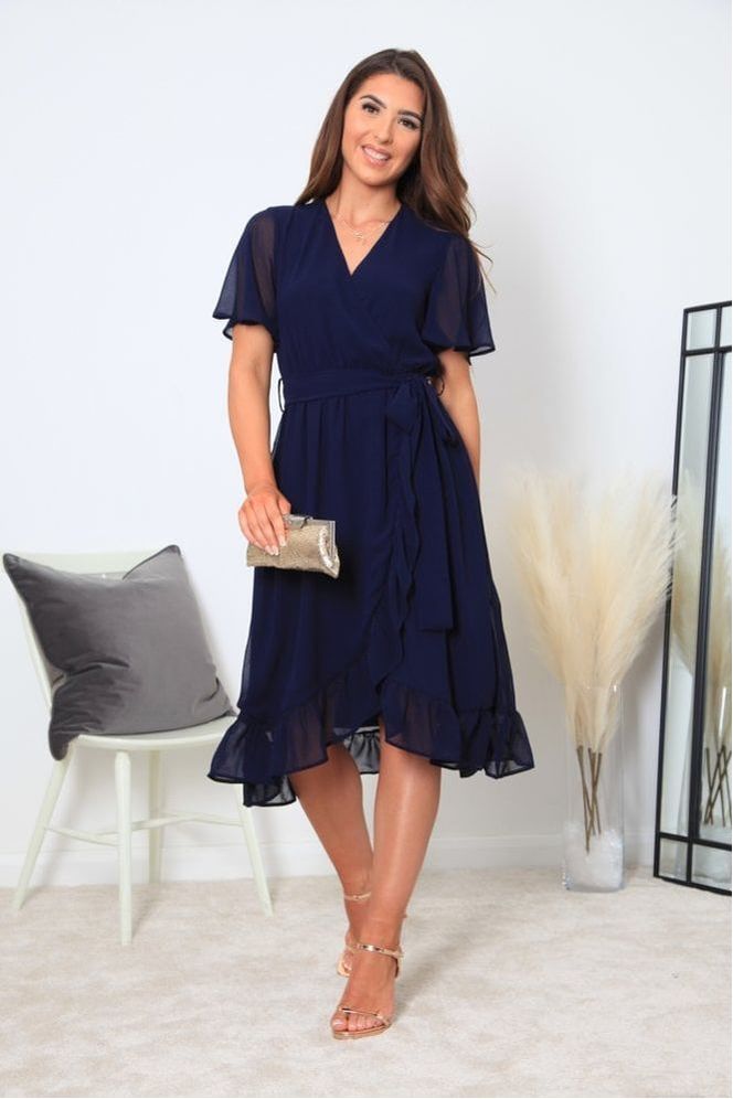 Navy Chiffon Wrap Dress With Tea Sleeve DR0000388