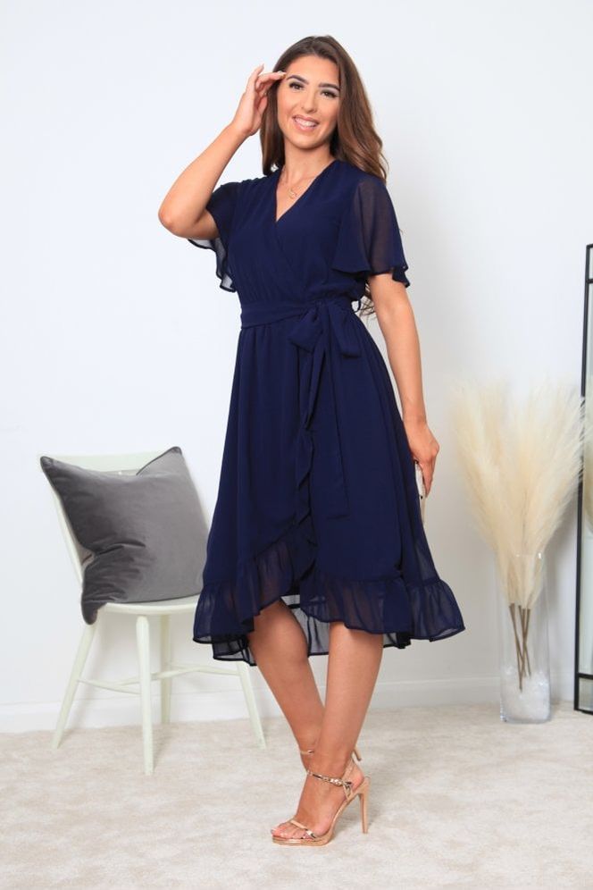Navy Chiffon Wrap Dress With Tea Sleeve DR0000388