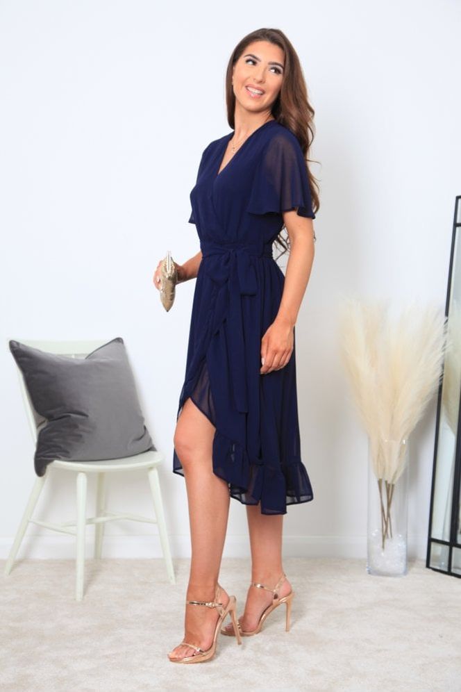Navy Chiffon Wrap Dress With Tea Sleeve DR0000388
