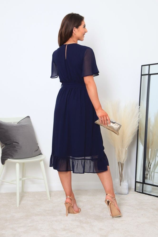 Navy Chiffon Wrap Dress With Tea Sleeve DR0000388