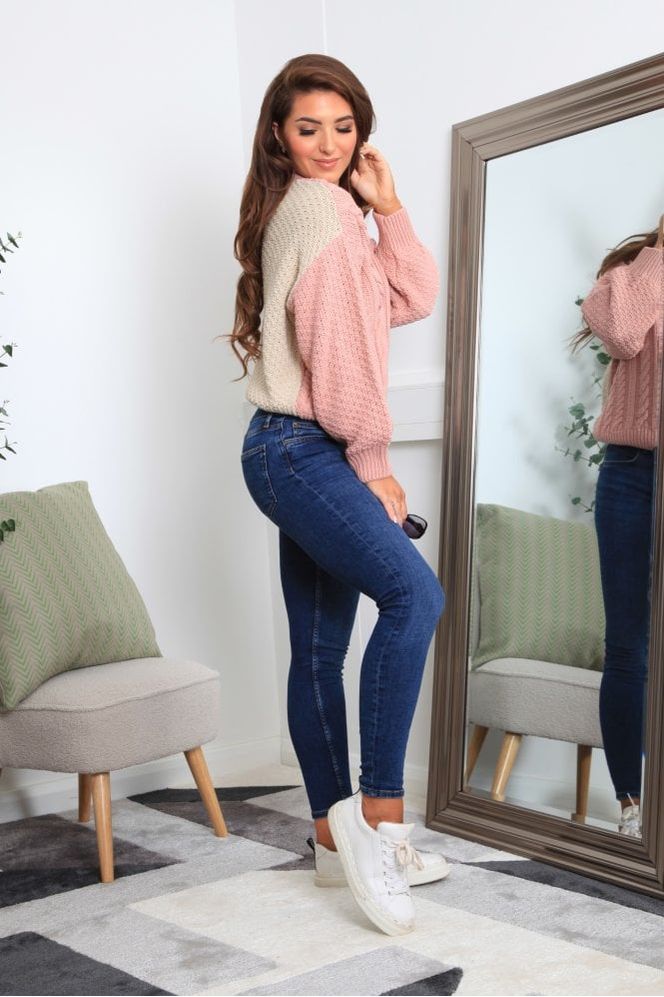 Pink And Oatmeal Colour Block Cable Knit Jumper KN0000397