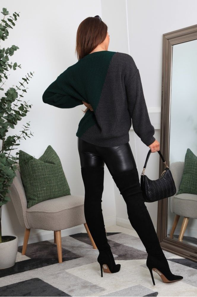 Green And Grey Diagonal Contrast Colour Block Oversized Knit Jumper KN0000392