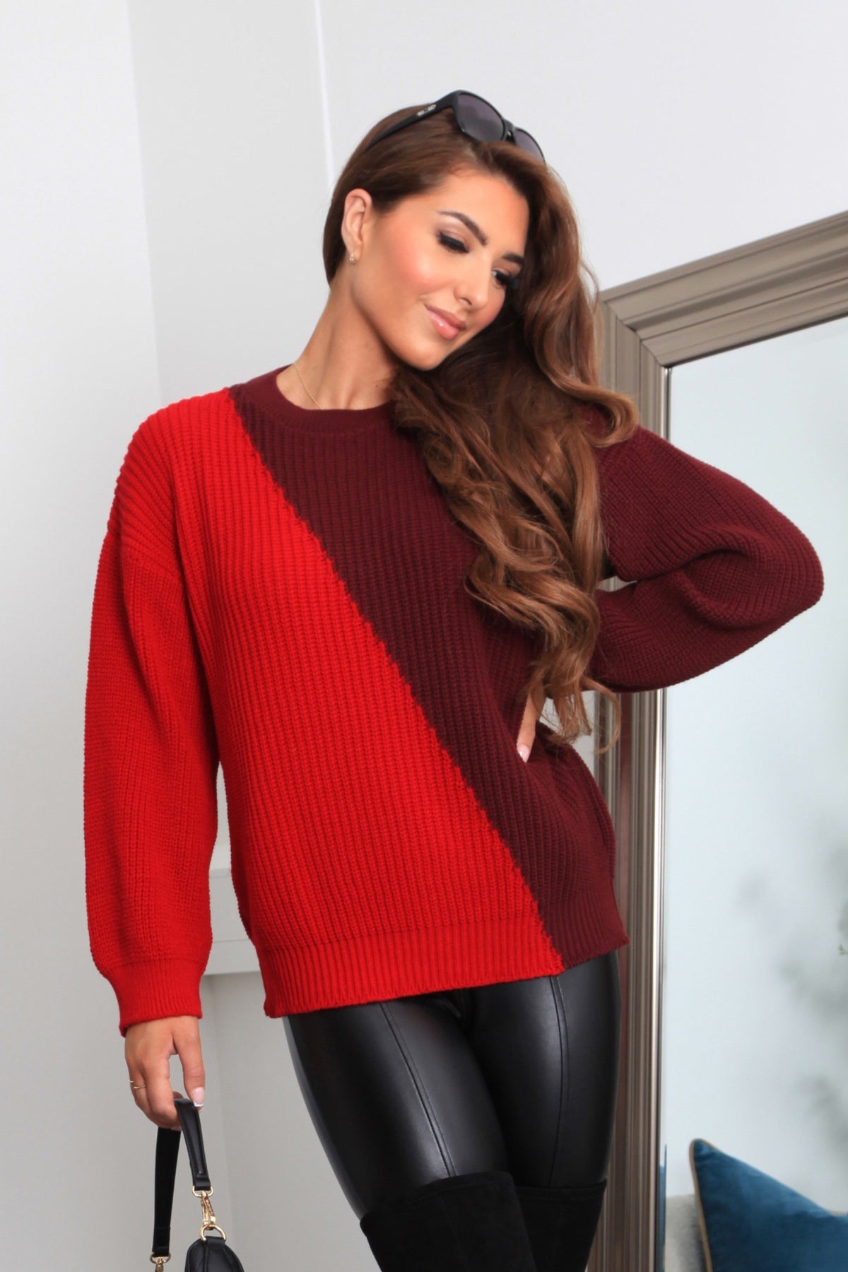 Red And Burgundy Diagonal Contrast Colour Block Oversized Knit Jumper KN0000393