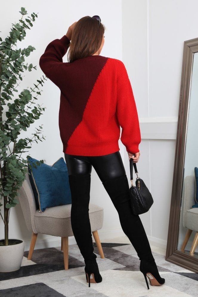 Red And Burgundy Diagonal Contrast Colour Block Oversized Knit Jumper KN0000393
