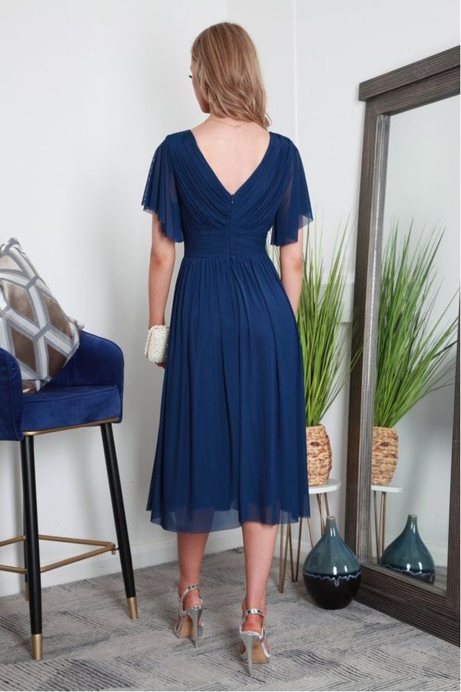 Pleated Tulle V Neck Angel Sleeve Midi Dress DR0000437