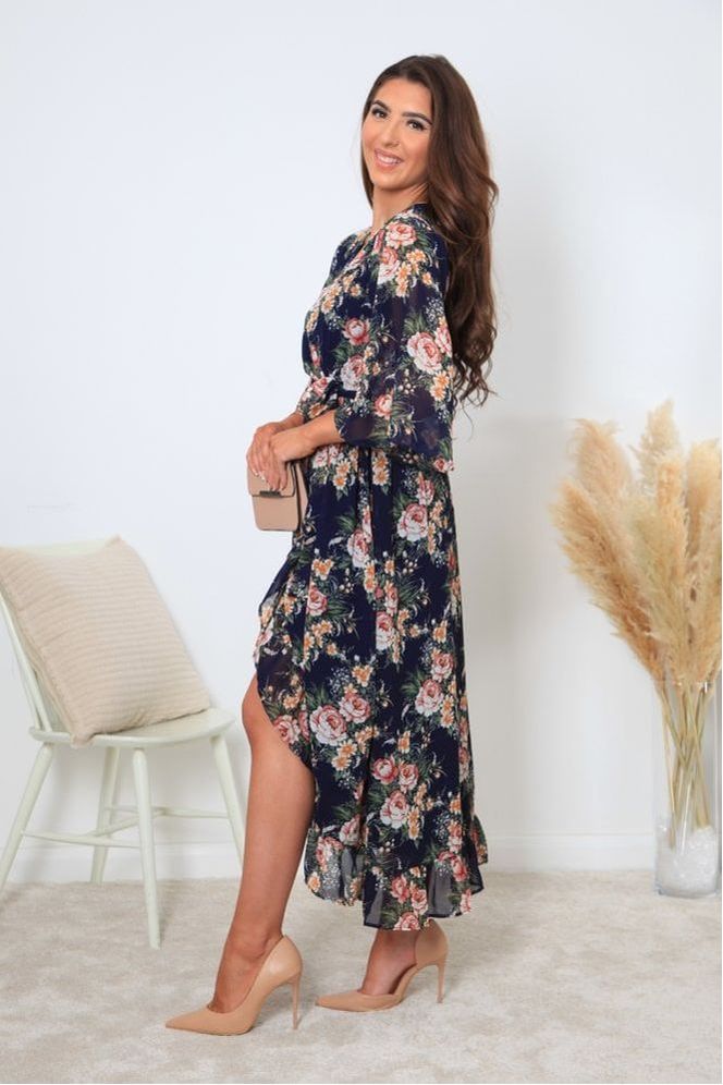 Printed Navy Wrap Front Butterfly Sleeve Dress DR0000404
