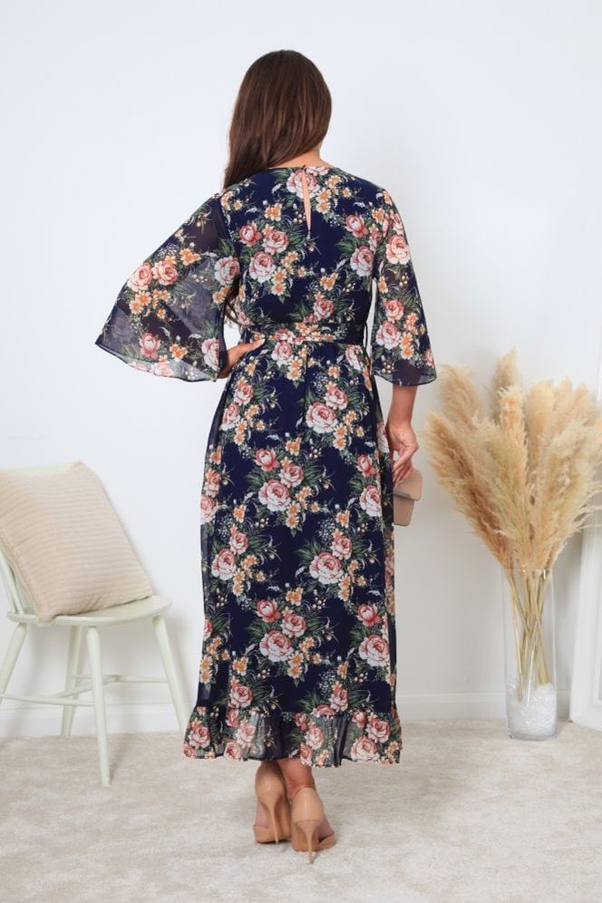 Printed Navy Wrap Front Butterfly Sleeve Dress DR0000404