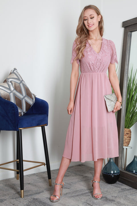 Scallop Lace V Neck Split Hem Chiffon Midi Dress by Double Second