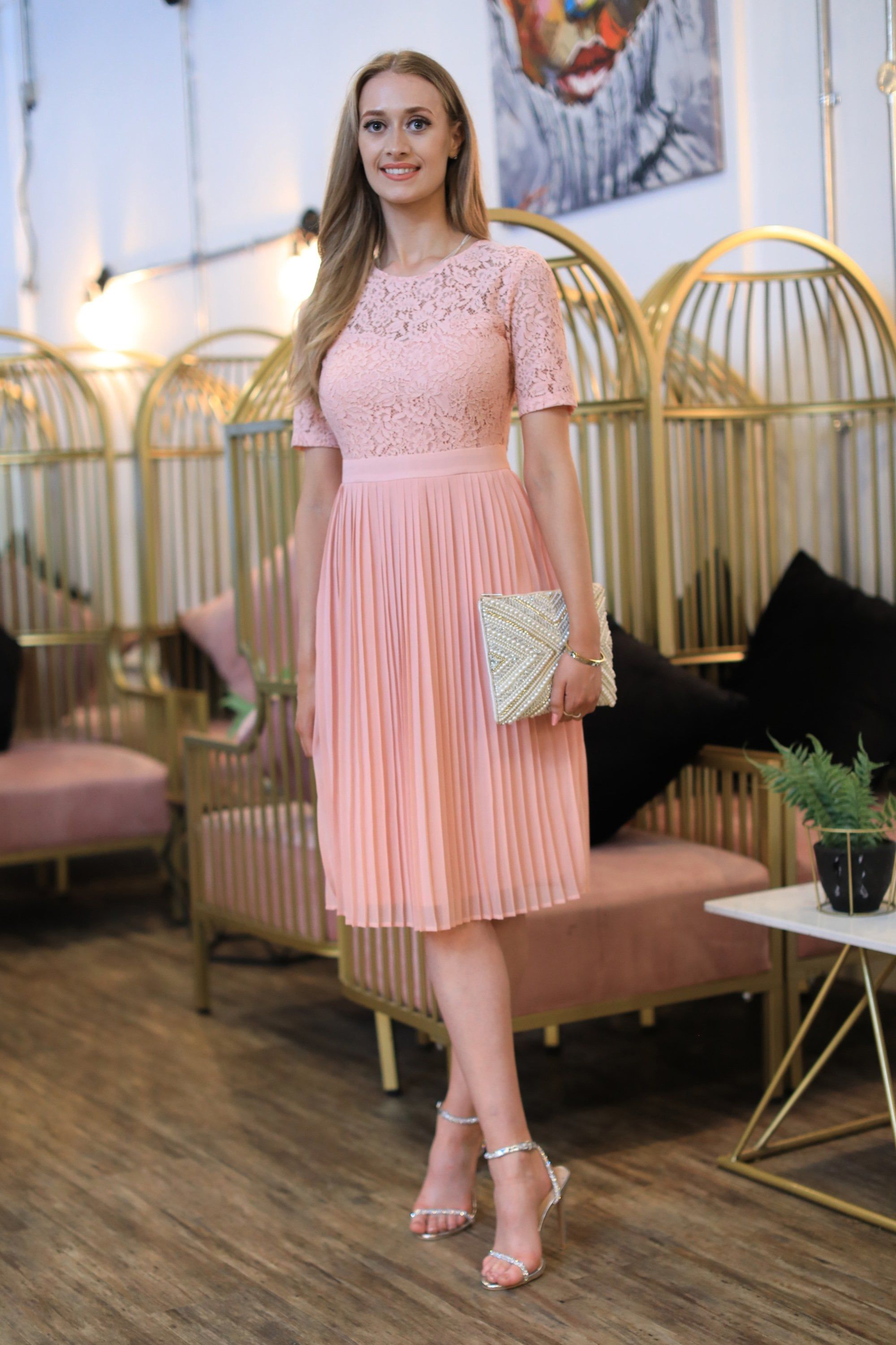 Short Sleeve Lace Pleated Dress DR0000424