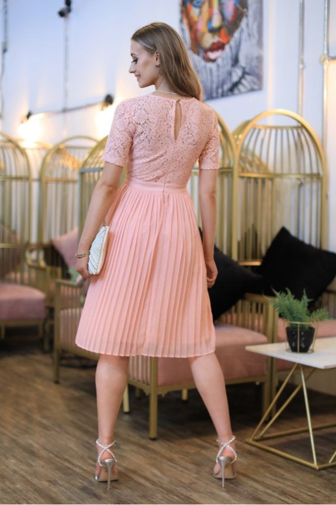 Short Sleeve Lace Pleated Dress DR0000424