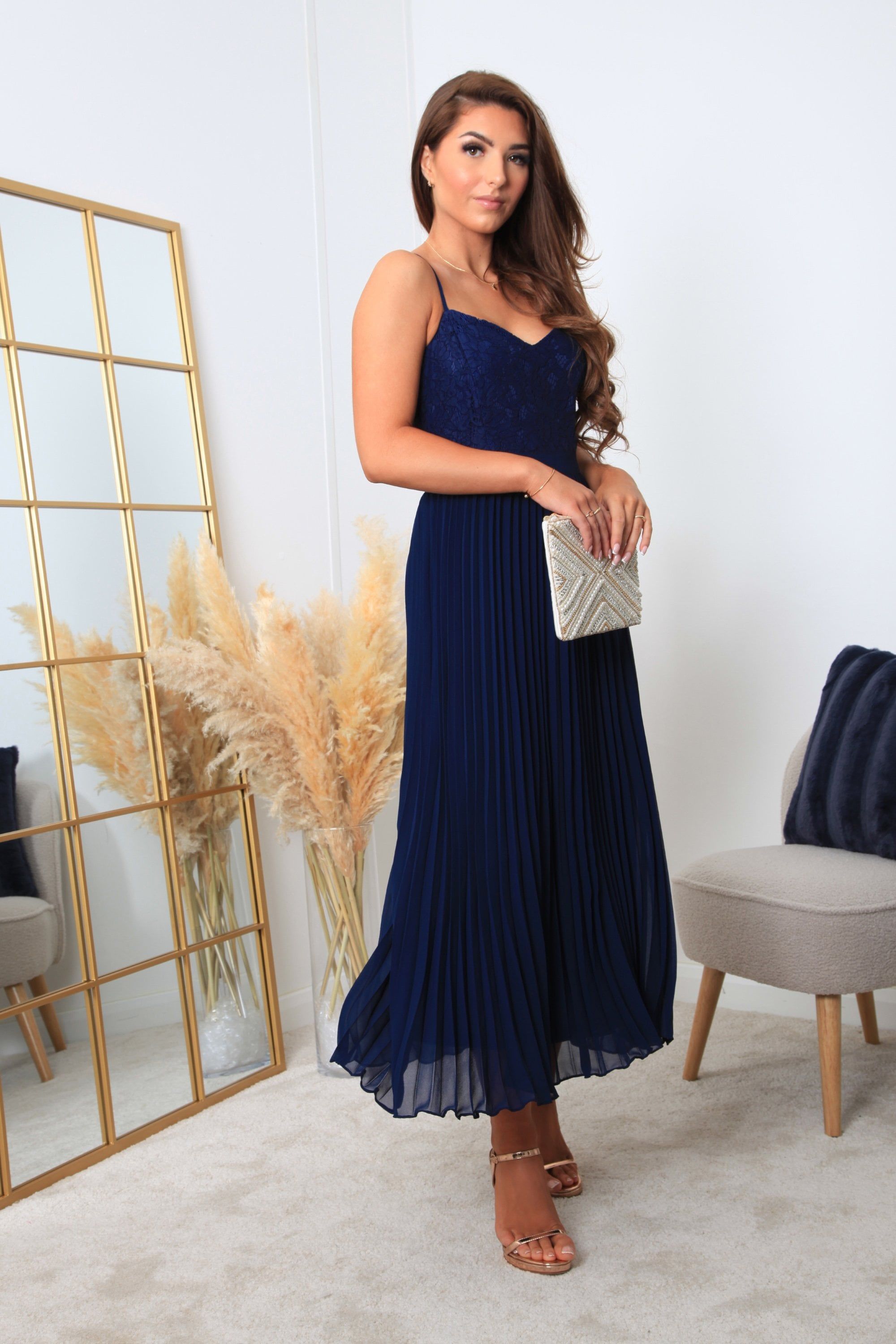 blue vanilla dress Courtney High Neck Angel Sleeve Midi Dress In Navy/White | Blue Vanilla