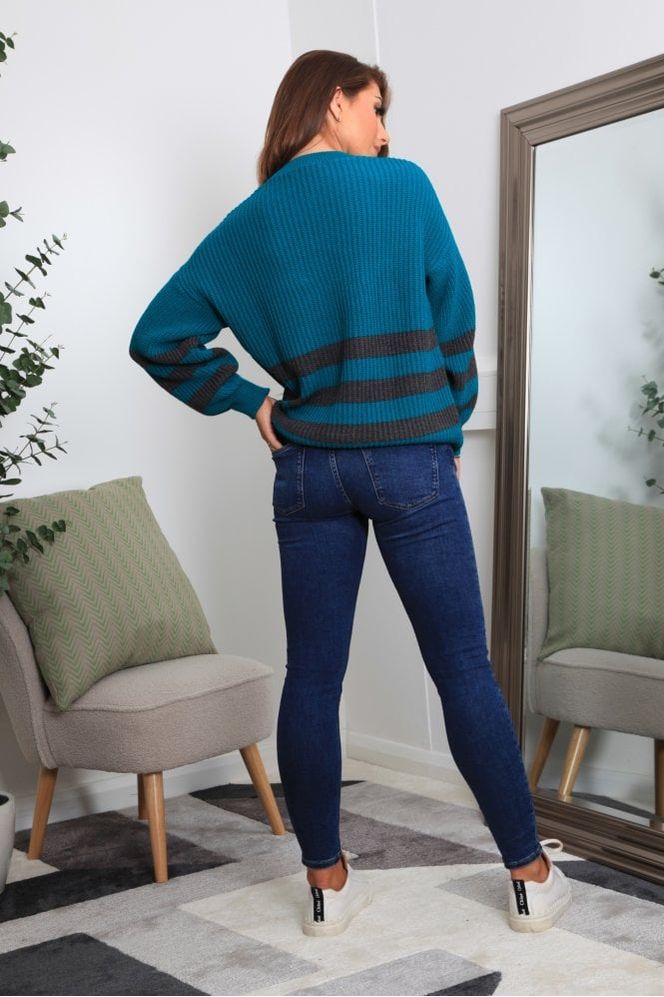 Teal Green And Grey Striped Oversized Knit Jumper KN0000394