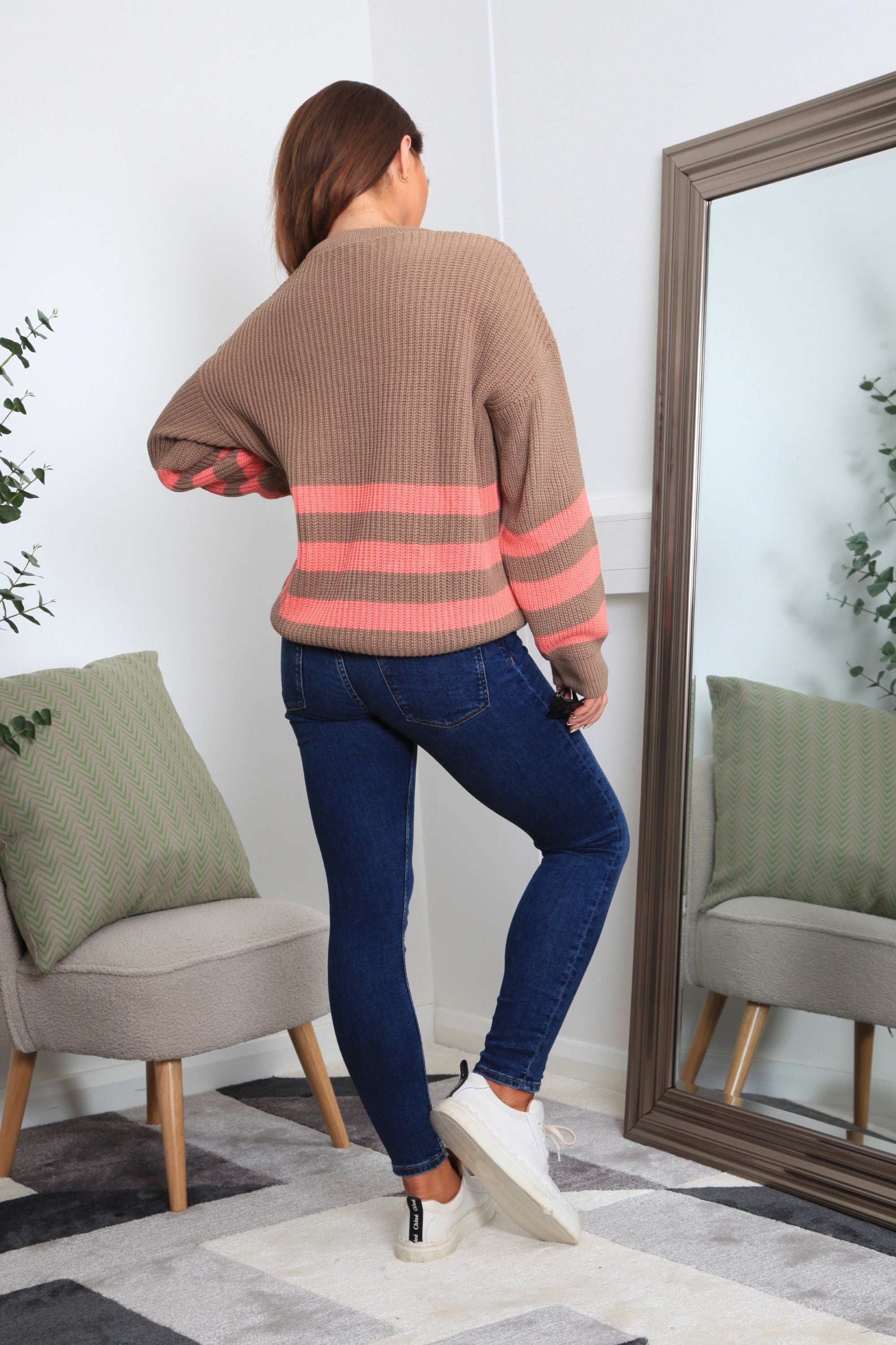 Brown And Pink Striped Oversized Knit Jumper KN0000395