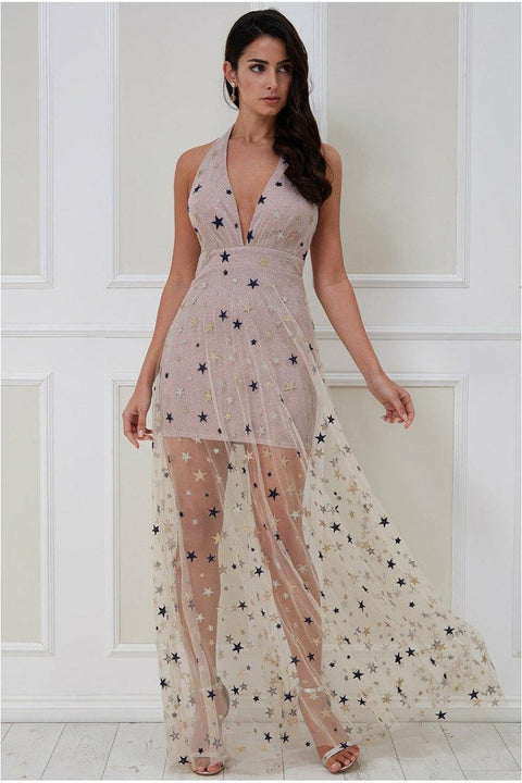 Star Mesh Halter Neck Maxi Dress - Champagne by Goddiva