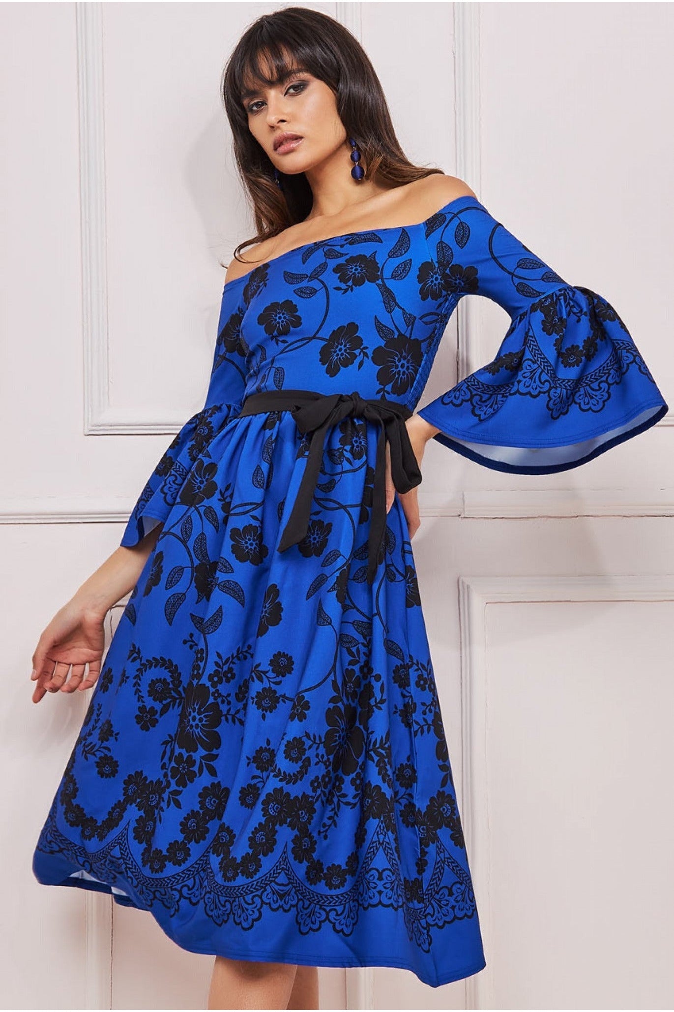 Printed Off The Shoulder Midi Dress - Royalblue DR3467