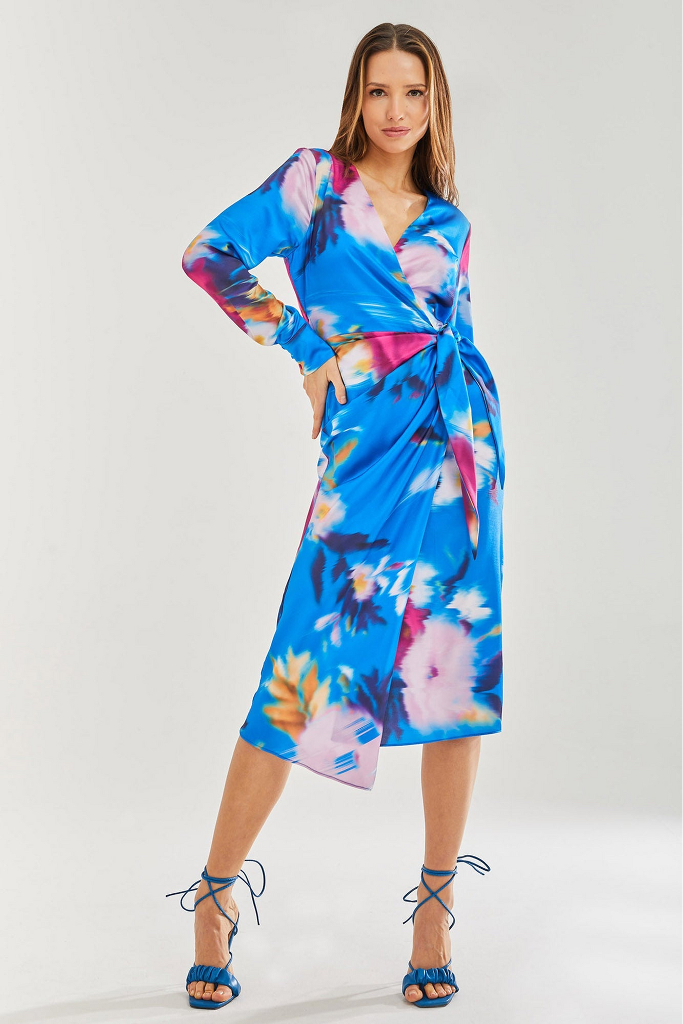 Floral satin wrap clearance dress