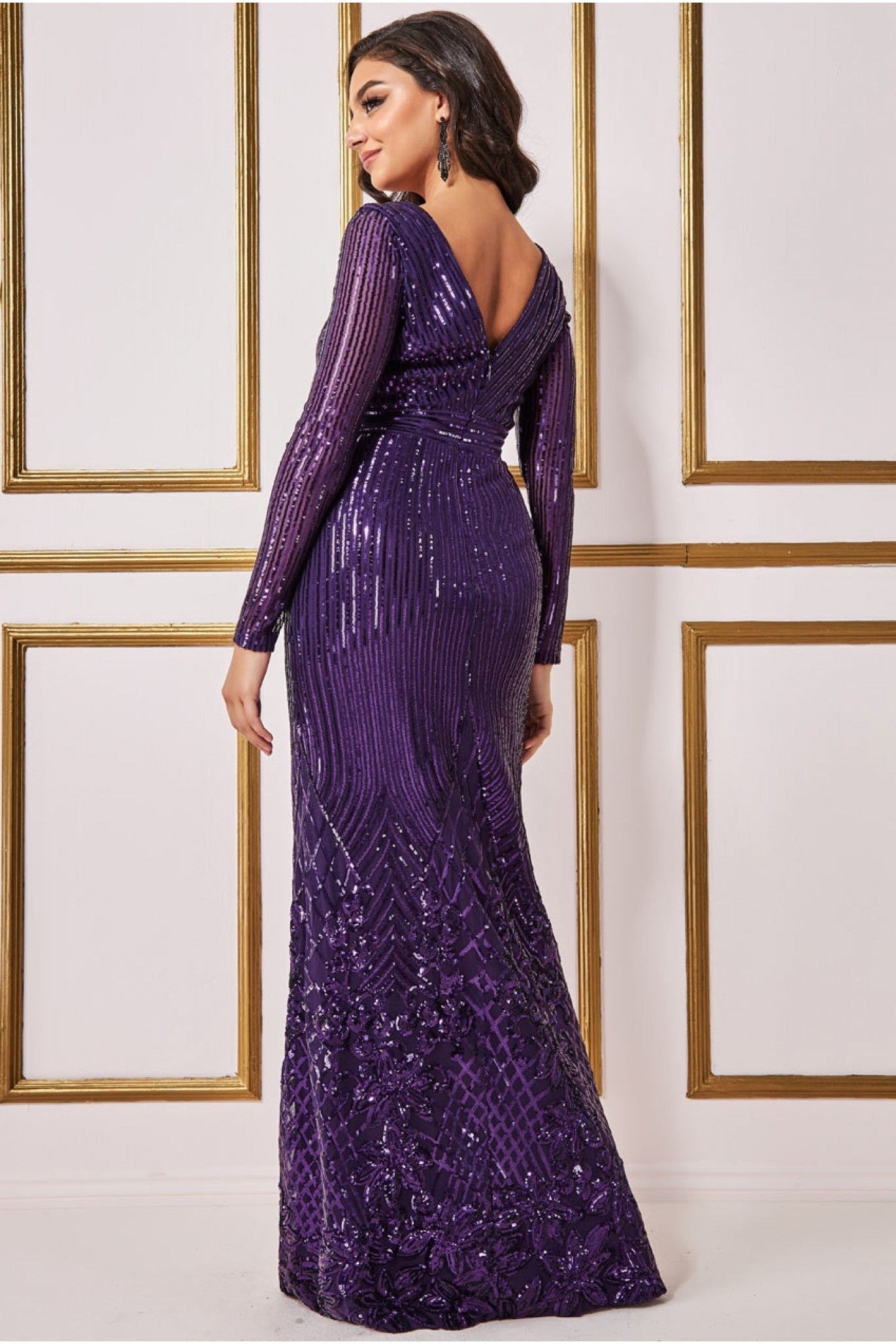 Long Sleeve Sequin V Wrap Maxi Dress - Purple DR3485