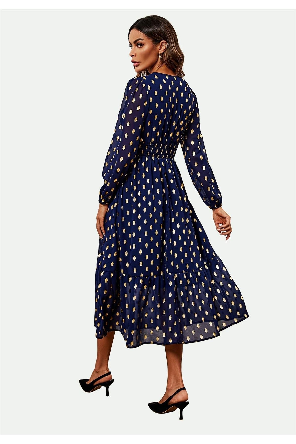 Lace Trim Foil Long Sleeve Maxi Dress In Navy FS565-NG