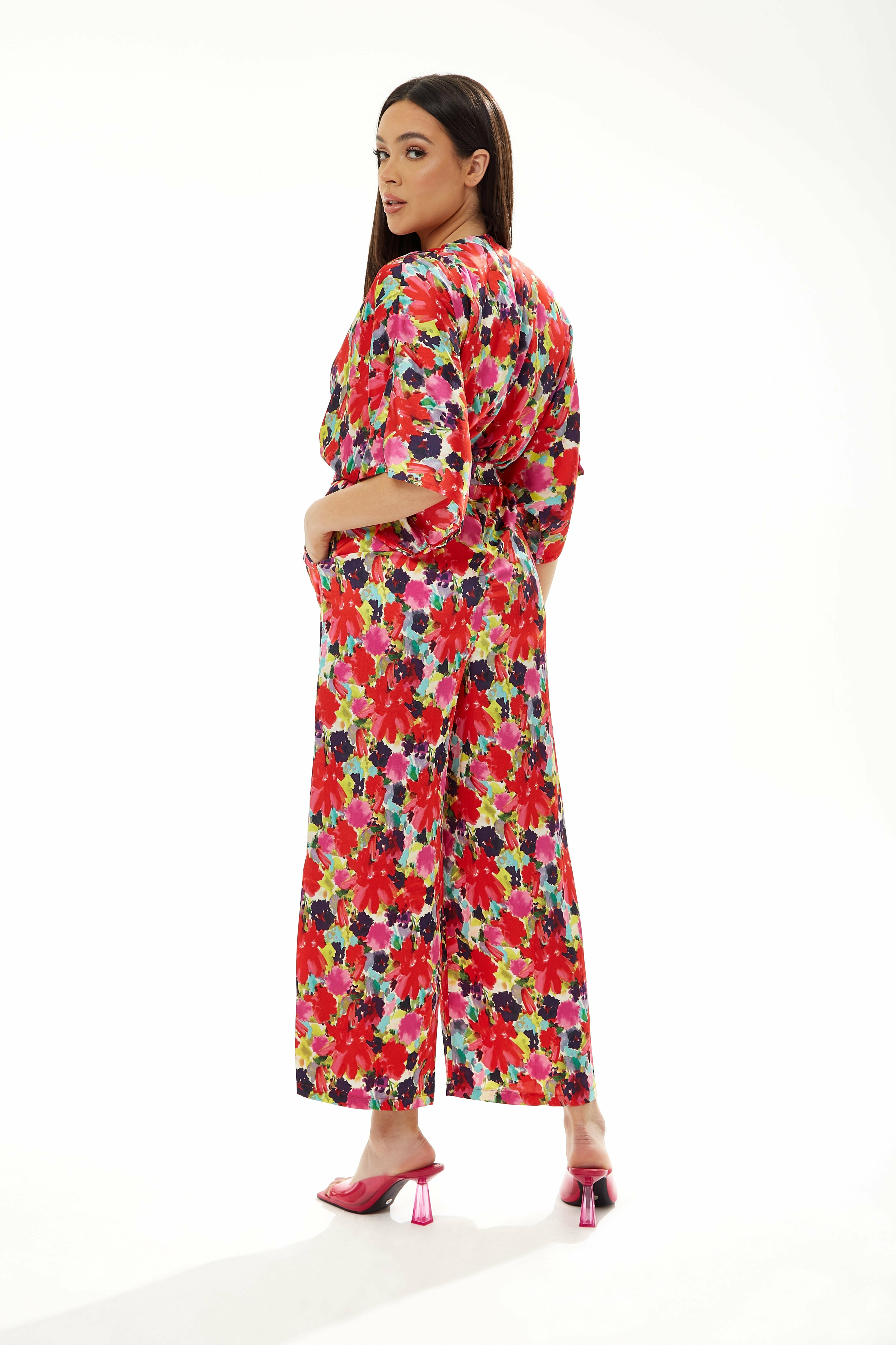 Red Floral Jumpsuit With Short Sleeves D12-WEN60021