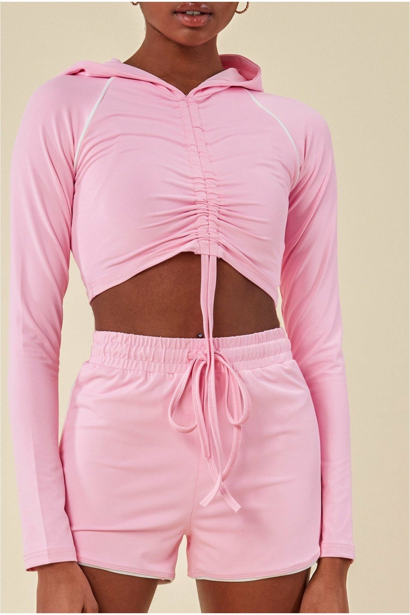 Jersey Short Set With Drawstring Top - Pink TS1