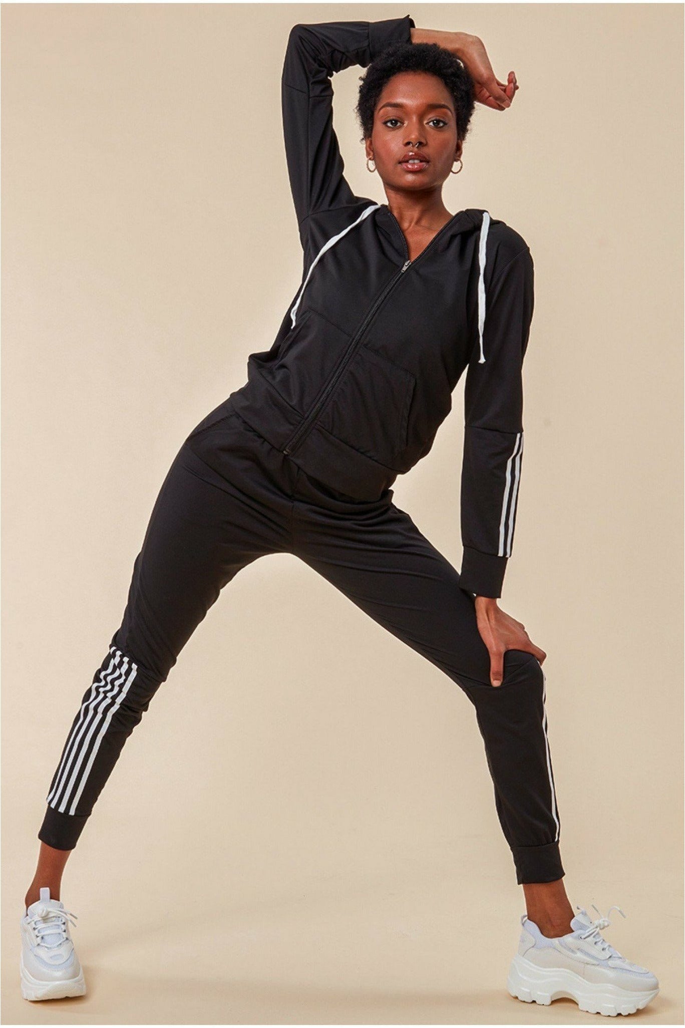 Stripe Detail Hooded Tracksuit Set - Black TS11