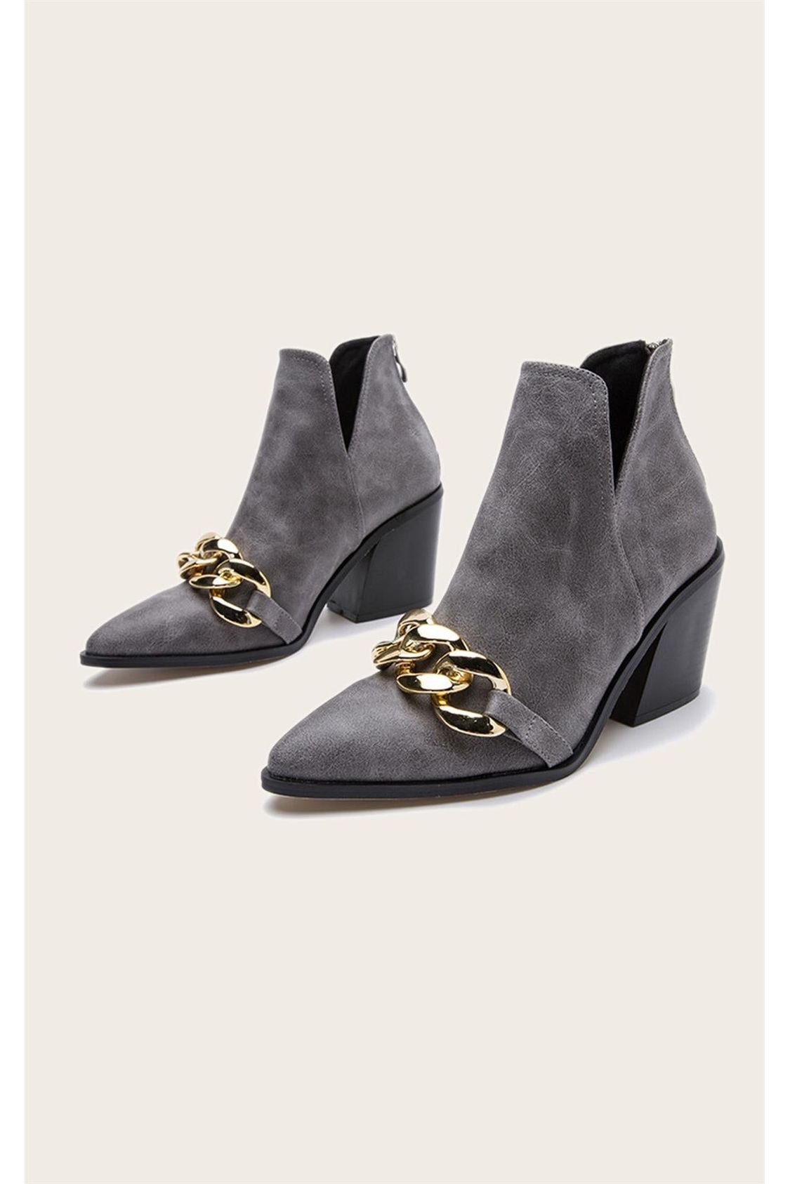Block Heel Pointed Toe Chain Detail Ankle Boots In Grey Shoes-004