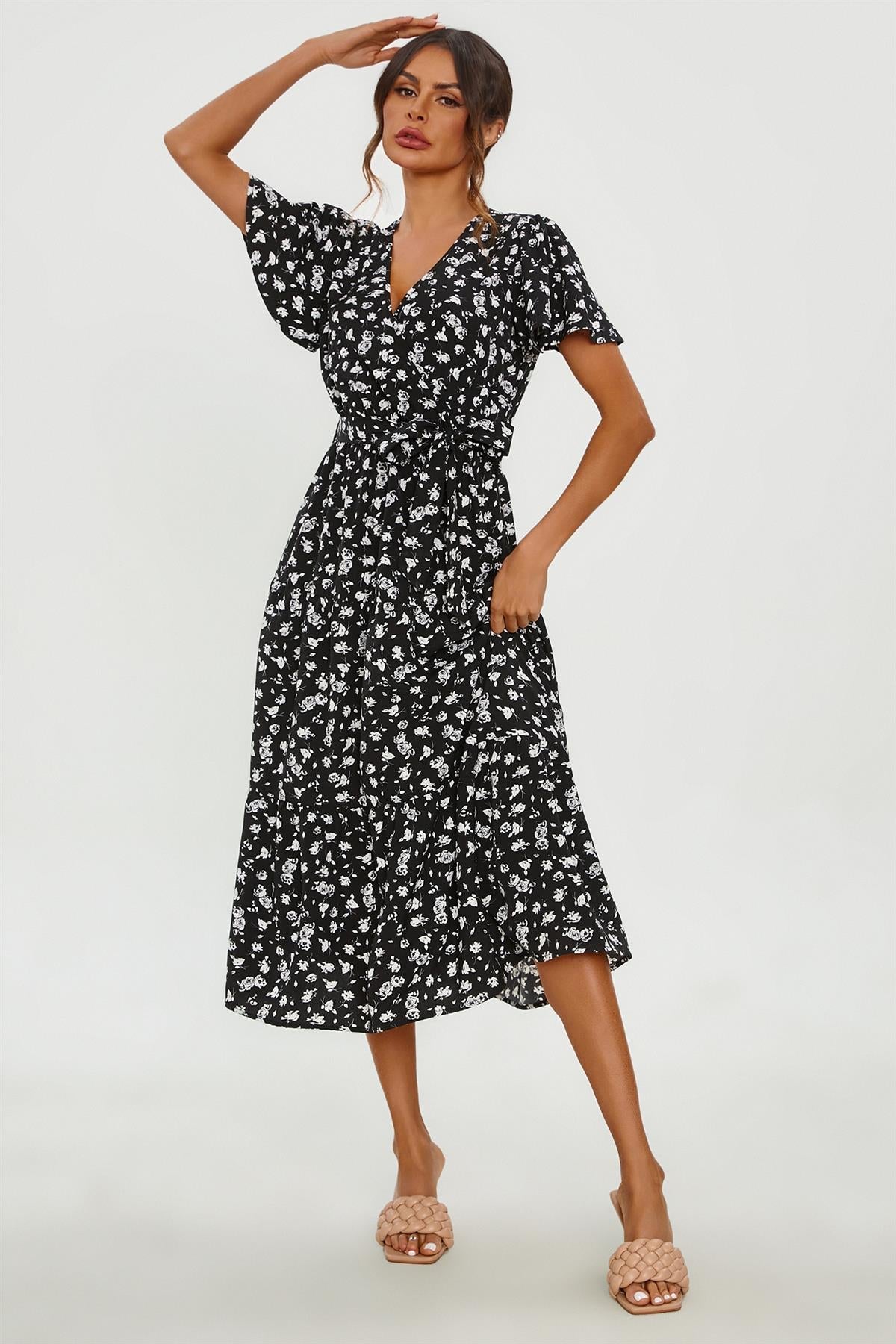 White Floral Print Hem Tiered Wrap Midi Dress In Black FS231-BlackF