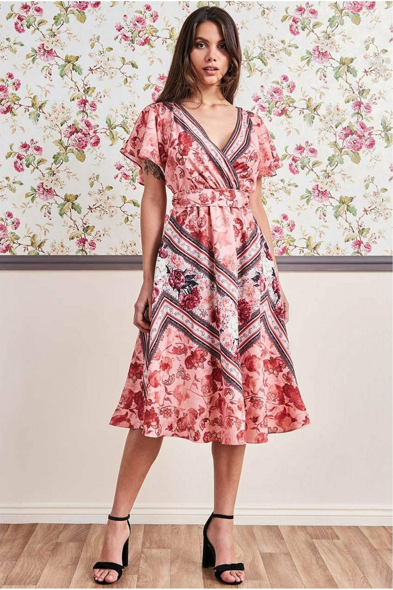 Flutter Sleeve Wrap Style Midi Dress - Peach DR3432