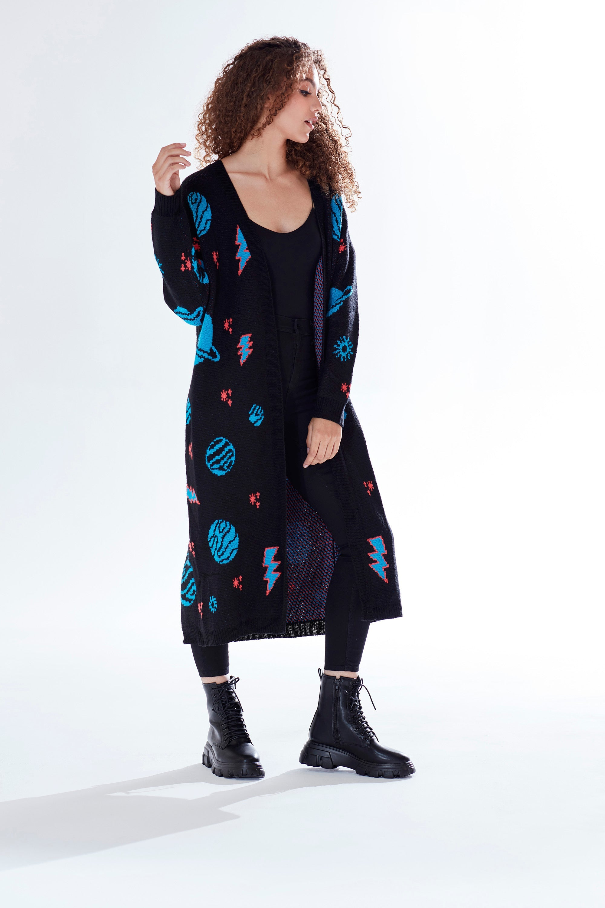 Cosmic Pattern Open Front Cardigan In Black LIQ21-123B
