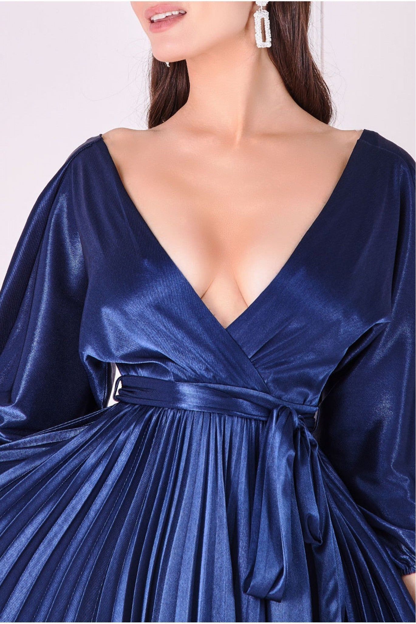 Satin Pleated Skirt Wrap Midi Dress - Navy DR3921