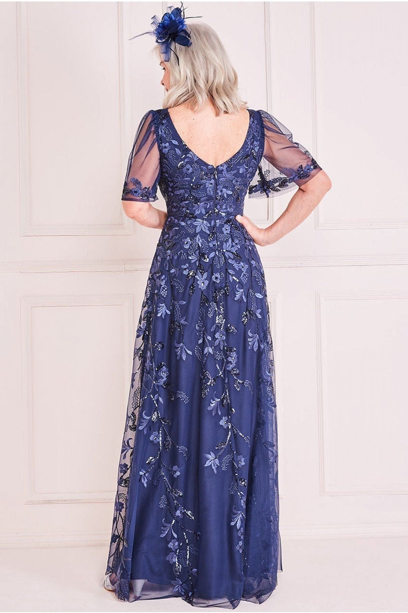 Embroidered Flared Sleeve Maxi - Navy DR3279M