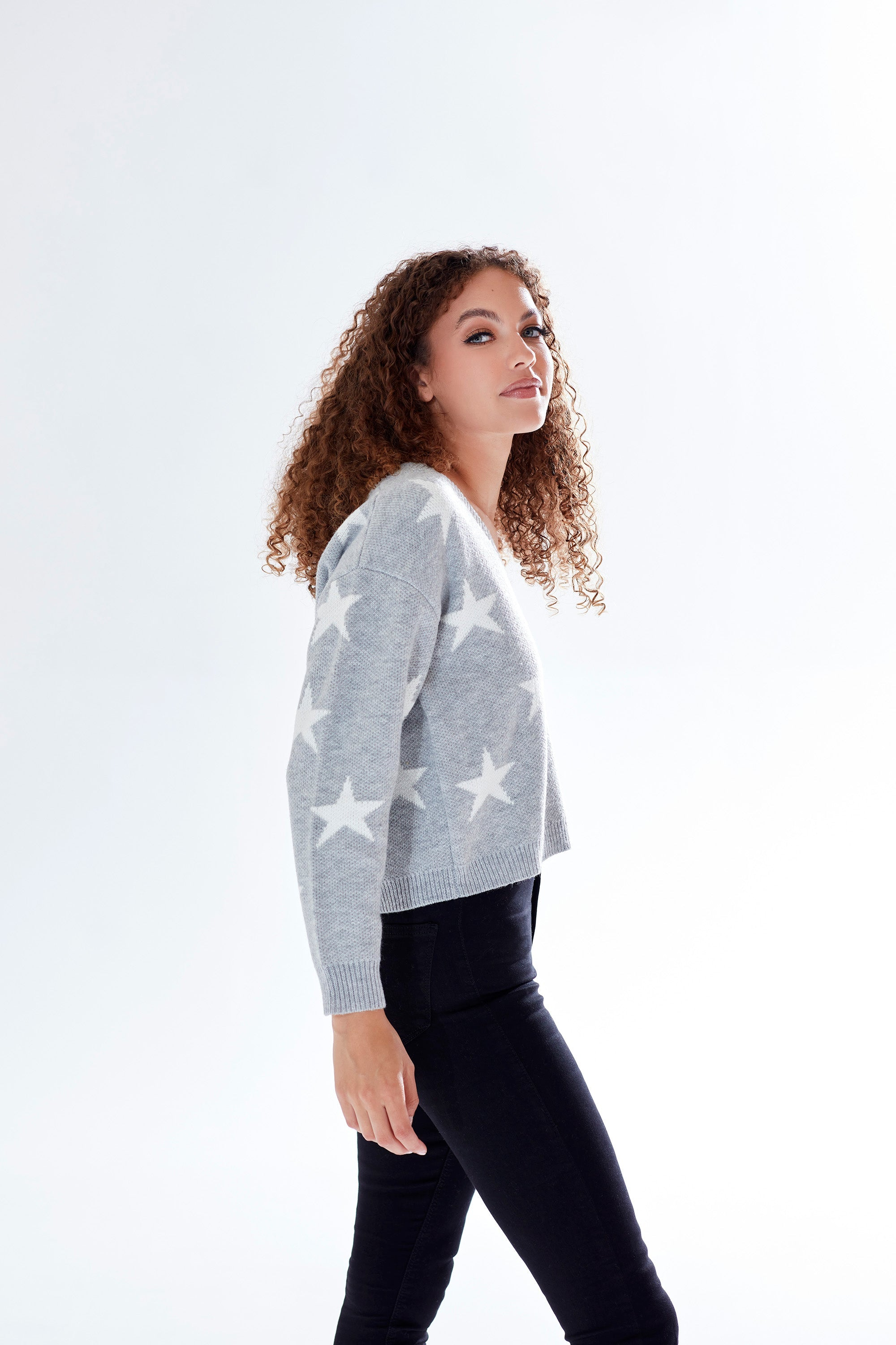 Star Pattern V-neck Button Down Cardigan Grey D7-LIQ21-159G